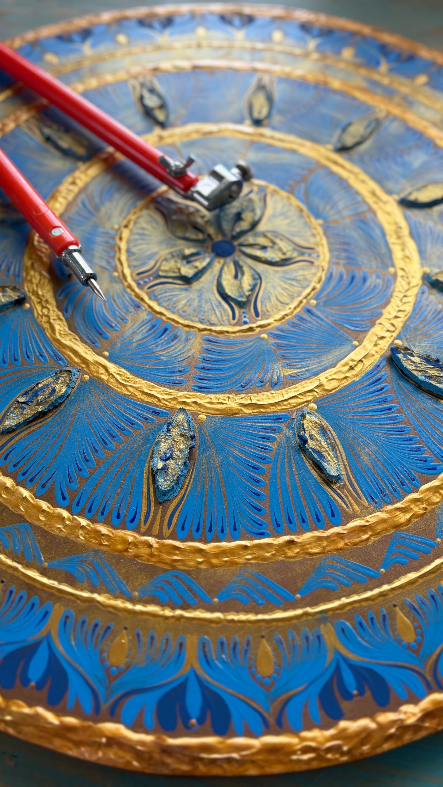 Blue & Gold Textured Mandala Wall Art – 20” Sacred Geometry Painting for Spiritual Home Decor, Meditation Space & Sanctuary