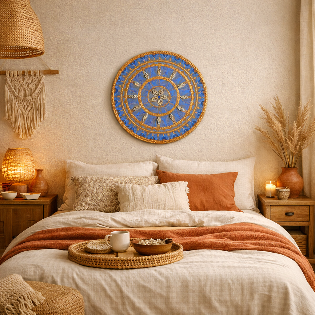 Blue & Gold Textured Mandala Wall Art – 20” Sacred Geometry Painting for Spiritual Home Decor, Meditation Space & Sanctuary