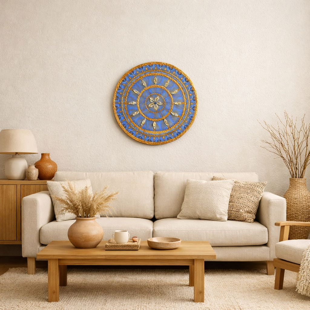 Blue & Gold Textured Mandala Wall Art – 20” Sacred Geometry Painting for Spiritual Home Decor, Meditation Space & Sanctuary