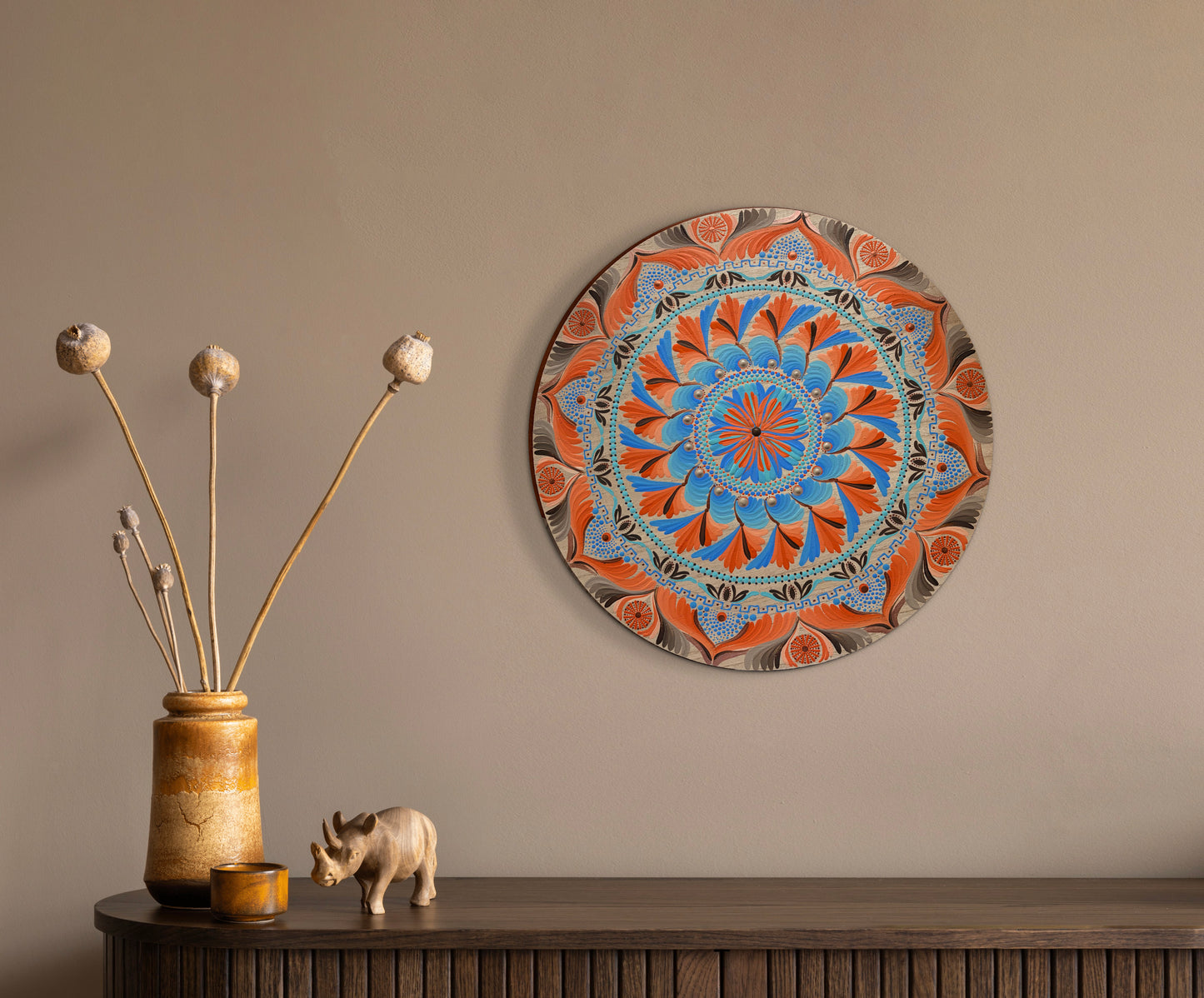 Wheel Mandala | Orange Blue Brown Spiritual Wall Art | 18 Inch Original Mandala Painting
