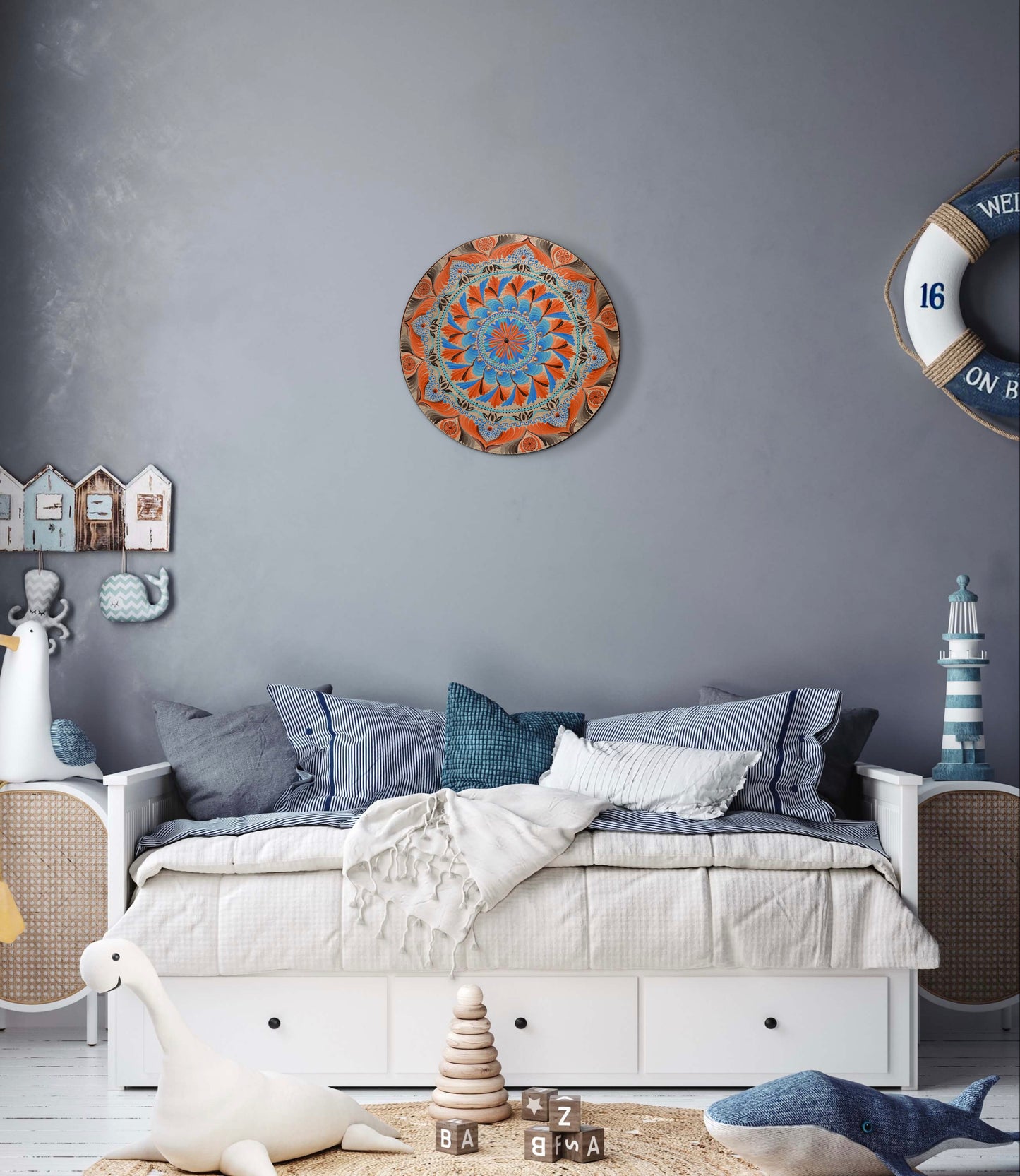 Wheel Mandala | Orange Blue Brown Spiritual Wall Art | 18 Inch Original Mandala Painting