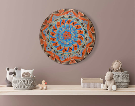 Wheel Mandala | Orange Blue Brown Spiritual Wall Art | 18 Inch Original Mandala Painting